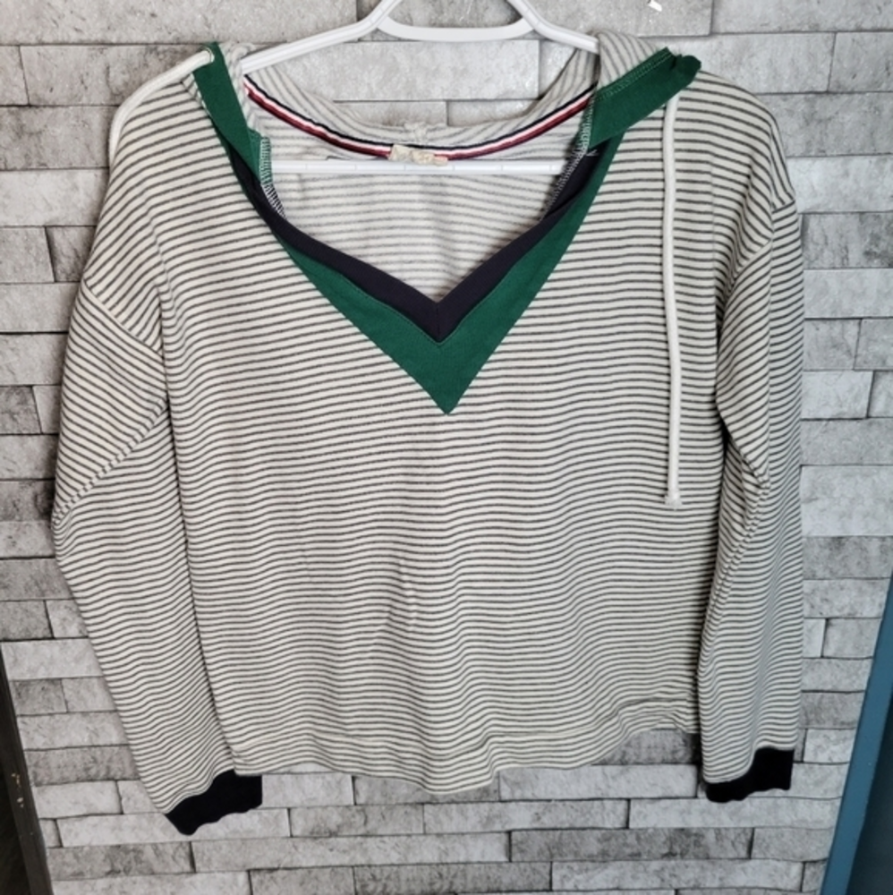 Hem & Thread Size Small Striped V neck Hoodie Sweatshirt
